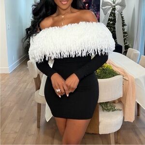 Naked Wardrobe
Butter Faux Feather Trim Off the Shoulder Long Sleeve Minidress